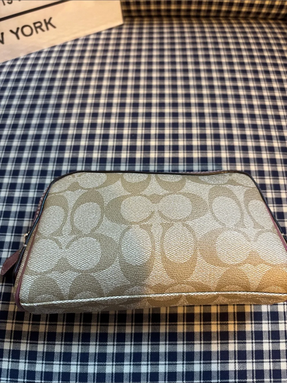 Coach Khaki Signature Canvas Cosmetic Case with mauve  Trim